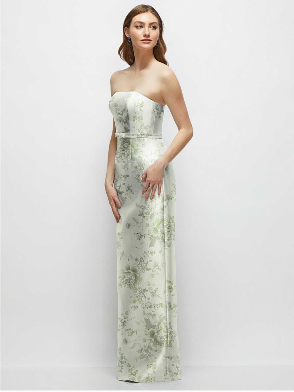 Dessy Strapless Floral Column Gown in Pale Mint Green NWT